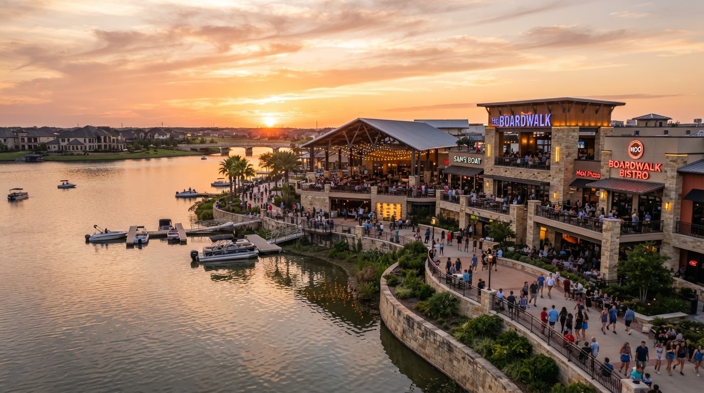Cypress Towne Lake district with lakeside buildings at golden hour
