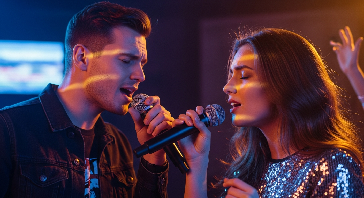 Two friends singing an emotional karaoke duet