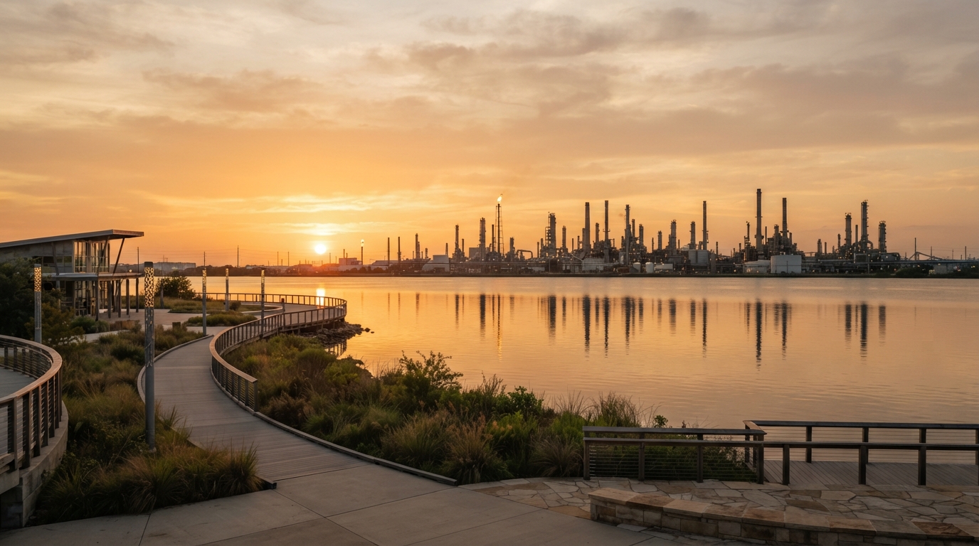 Baytown, Texas waterfront along Galveston Bay at golden hour