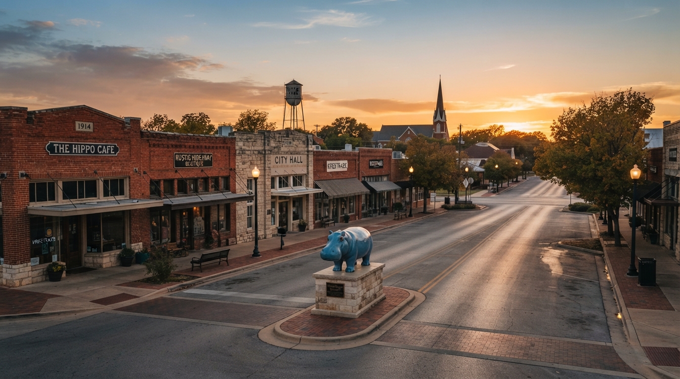 Hutto, Texas historic downtown with the iconic hippo statue at golden hour