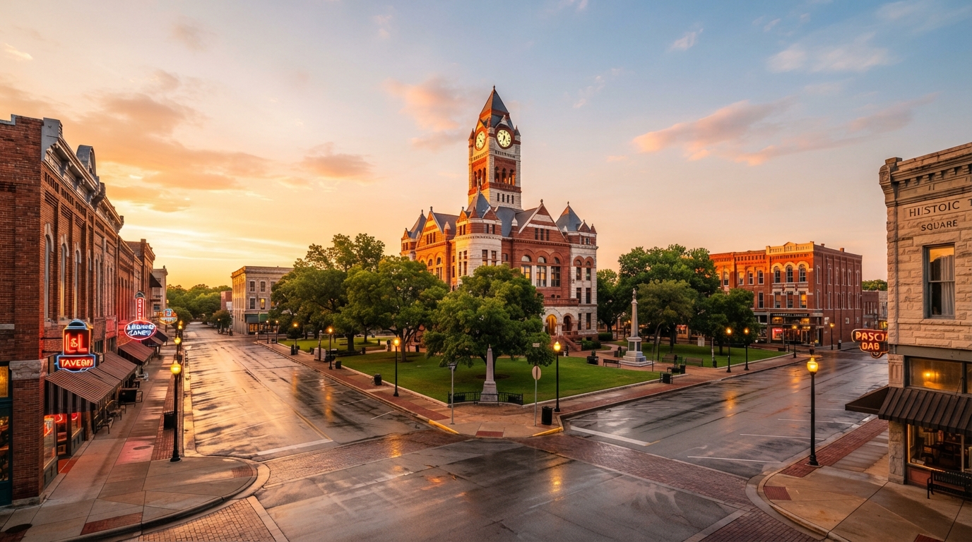 Denton, Texas historic downtown square with courthouse at golden hour