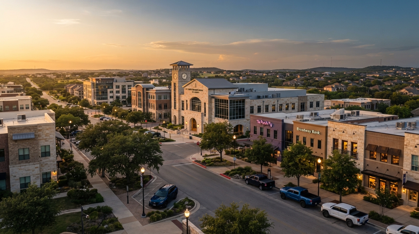 Schertz, Texas suburban community downtown district at golden hour