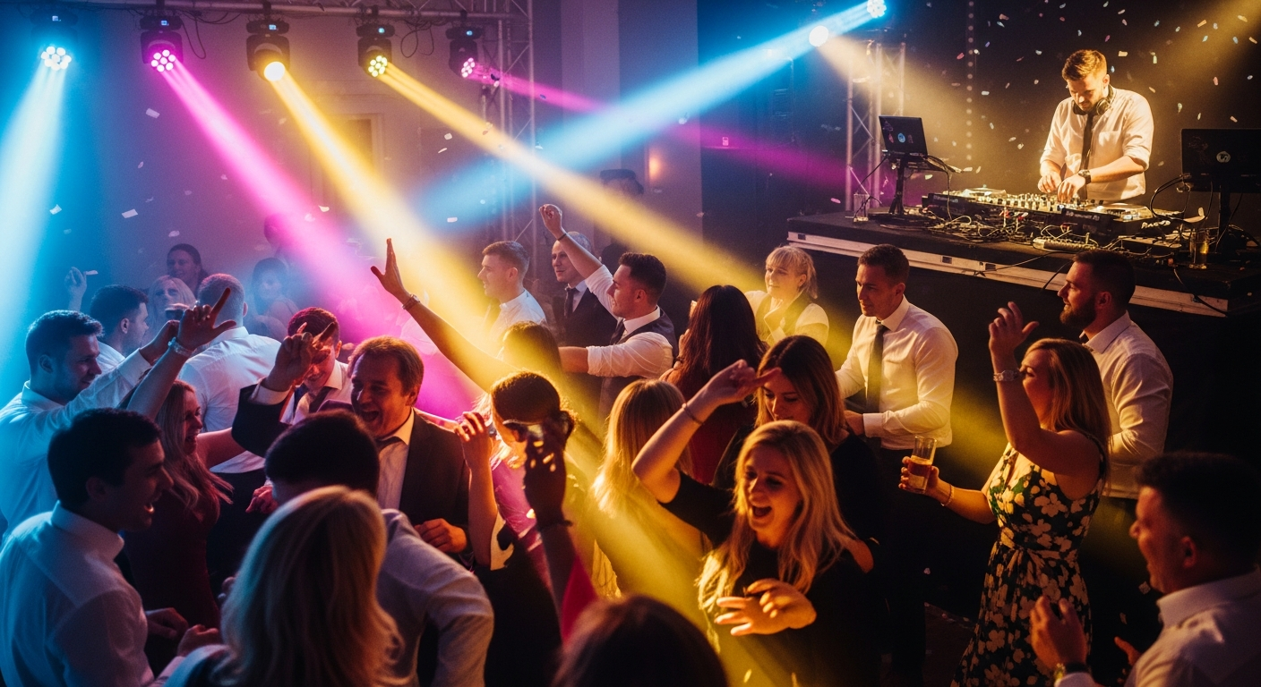 Packed wedding dance floor with DJ