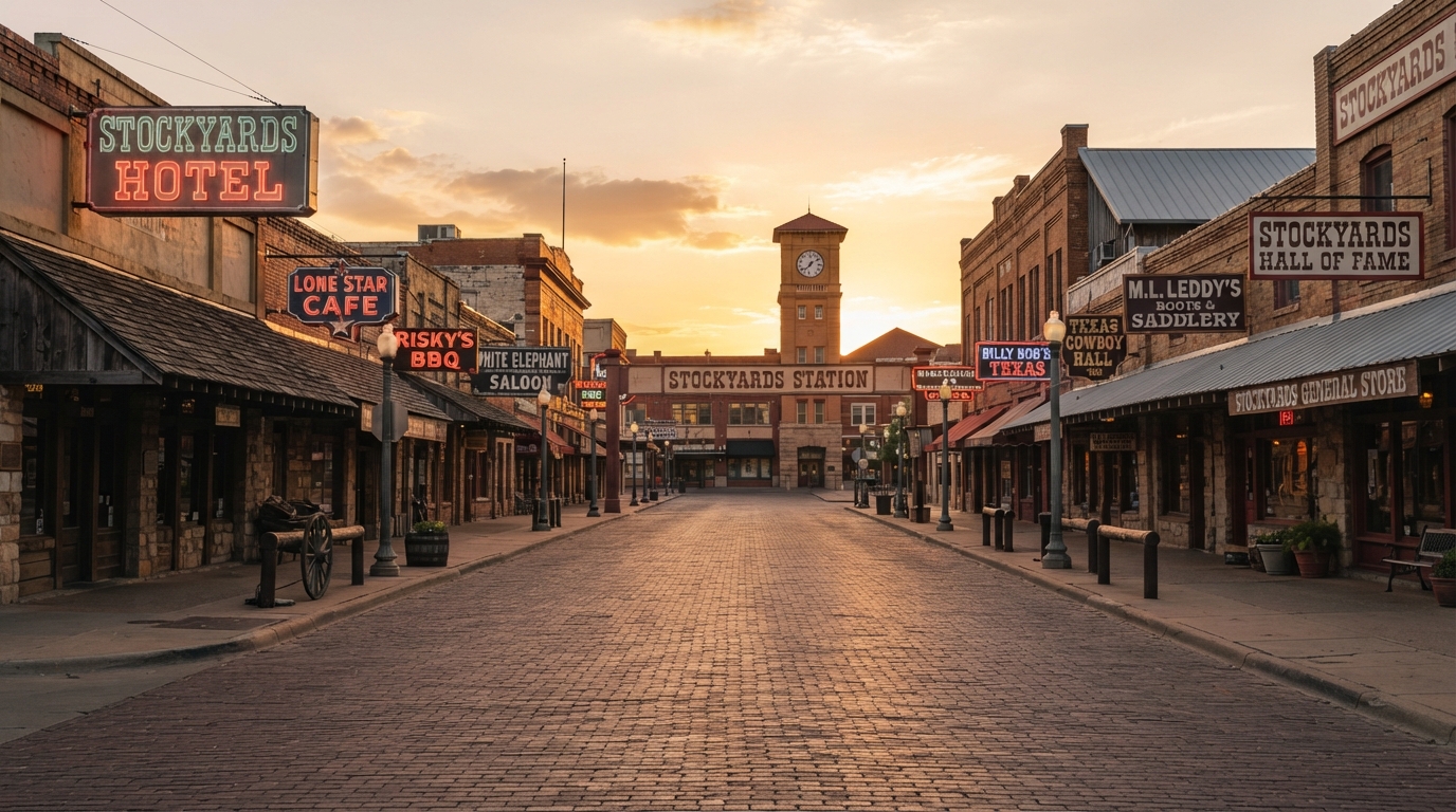 Fort Worth, Texas historic Stockyards district at golden hour