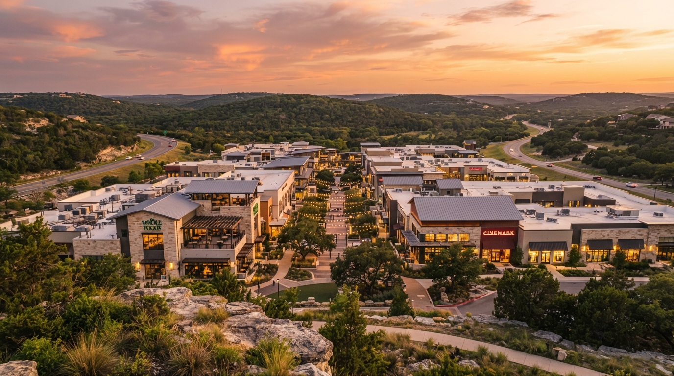 Bee Cave, Texas Hill Country Galleria district at golden hour