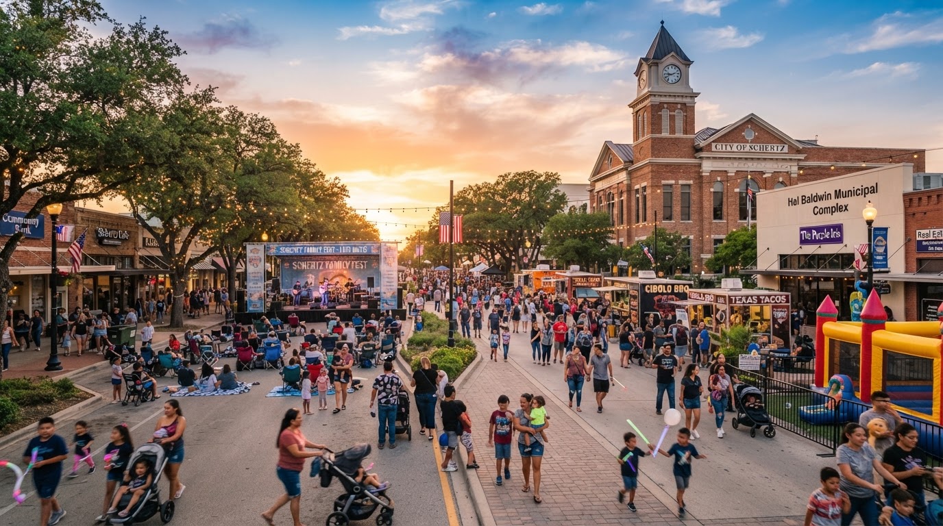 Schertz suburban community downtown district at golden hour