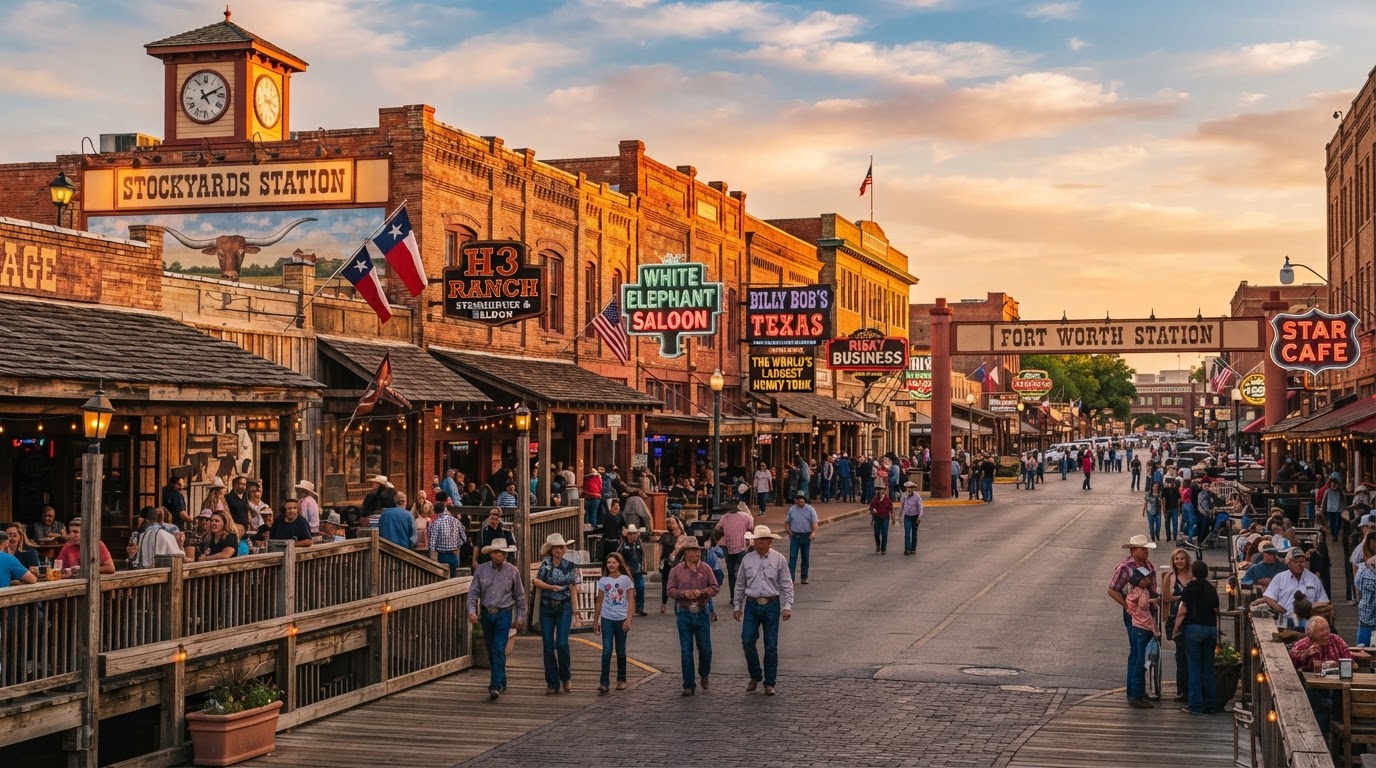 Fort Worth Stockyards historic district at golden hour