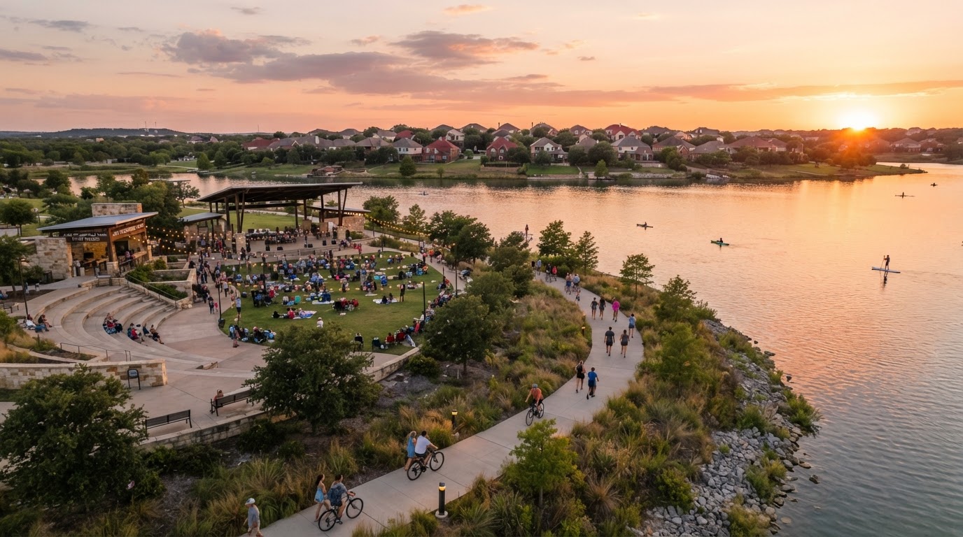 Pflugerville Lake Pflugerville waterfront with walking trails at golden hour