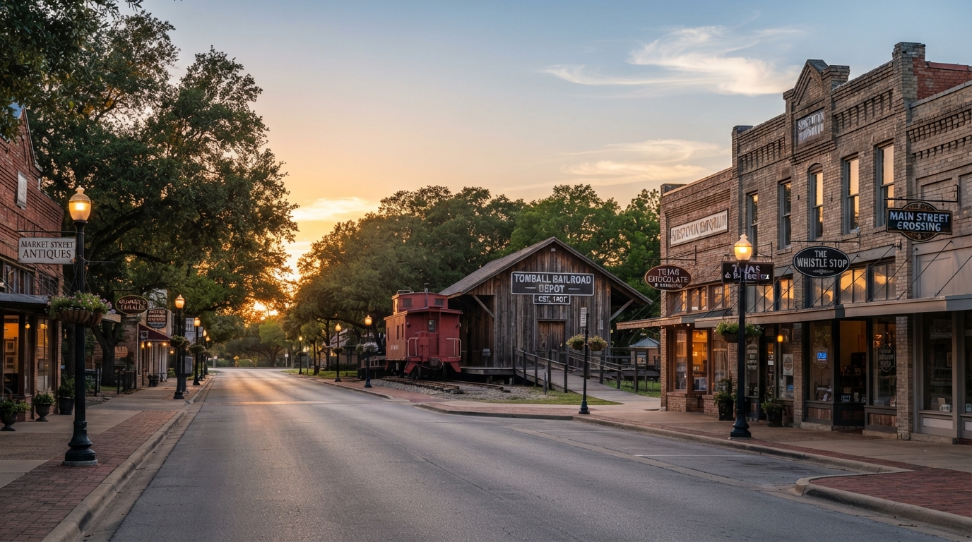 Tomball, Texas historic downtown with railroad heritage at golden hour
