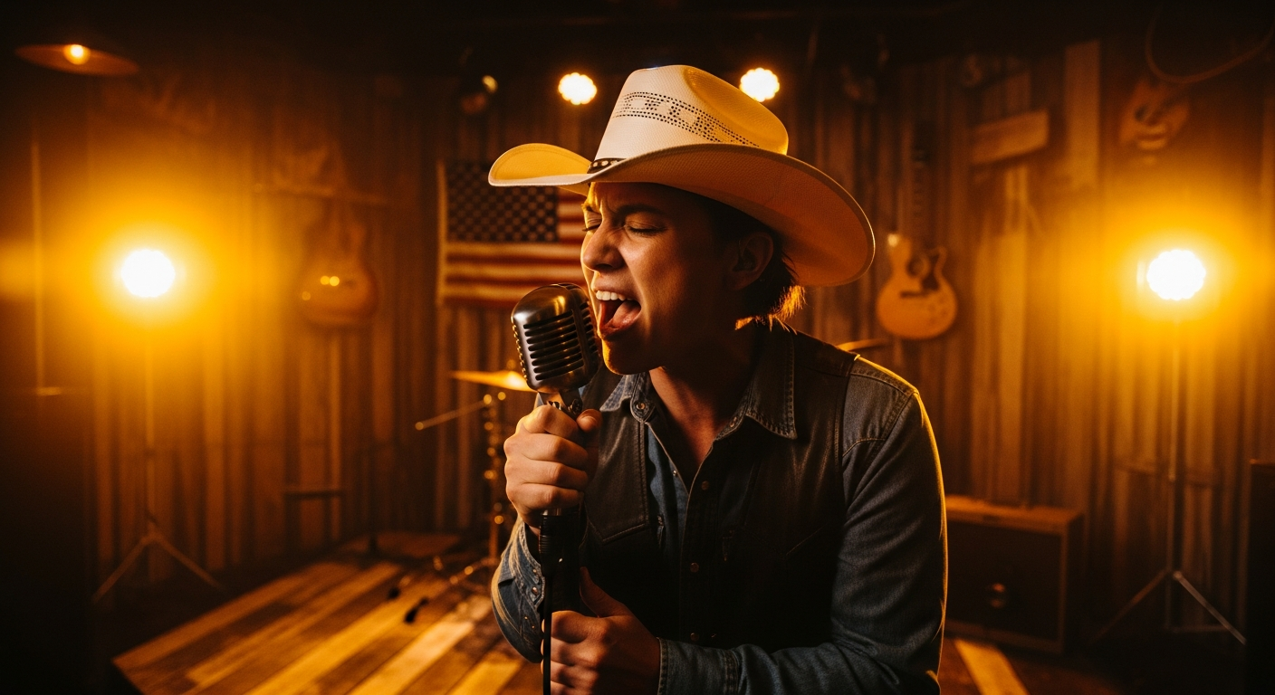Person wearing a cowboy hat singing country karaoke