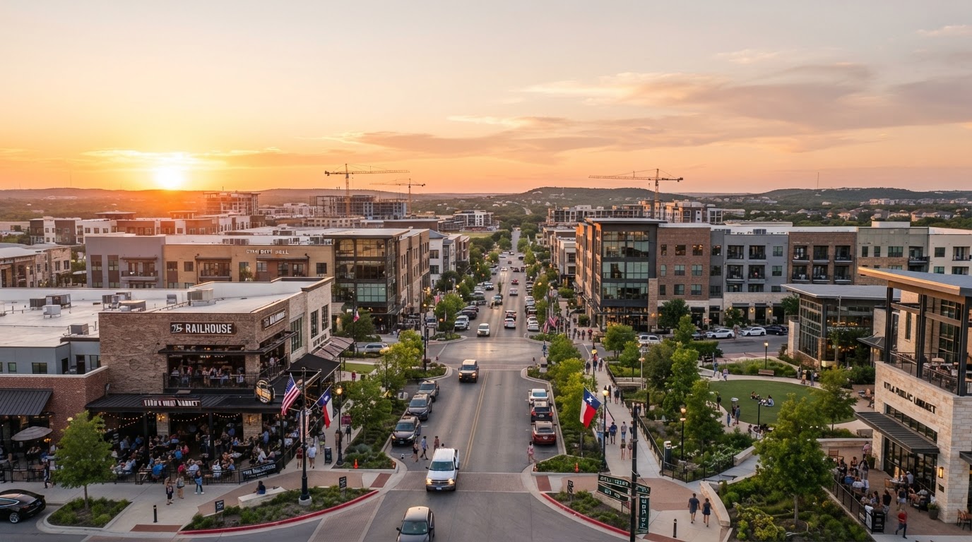 Kyle fast-growing suburban downtown district with modern development at golden hour