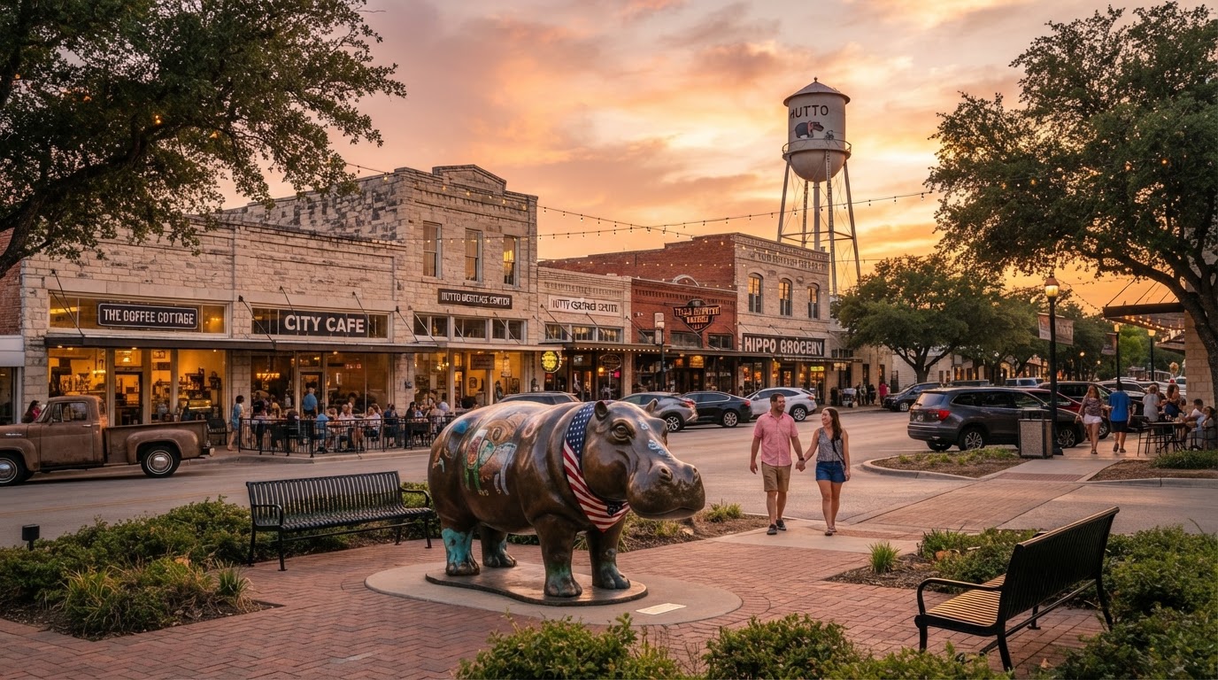 Hutto historic downtown with the iconic hippo statue at golden hour