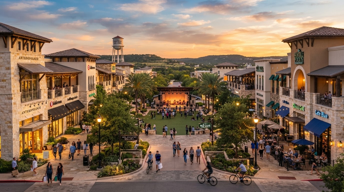 Bee Cave Hill Country Galleria district with upscale shopping and event spaces at golden hour