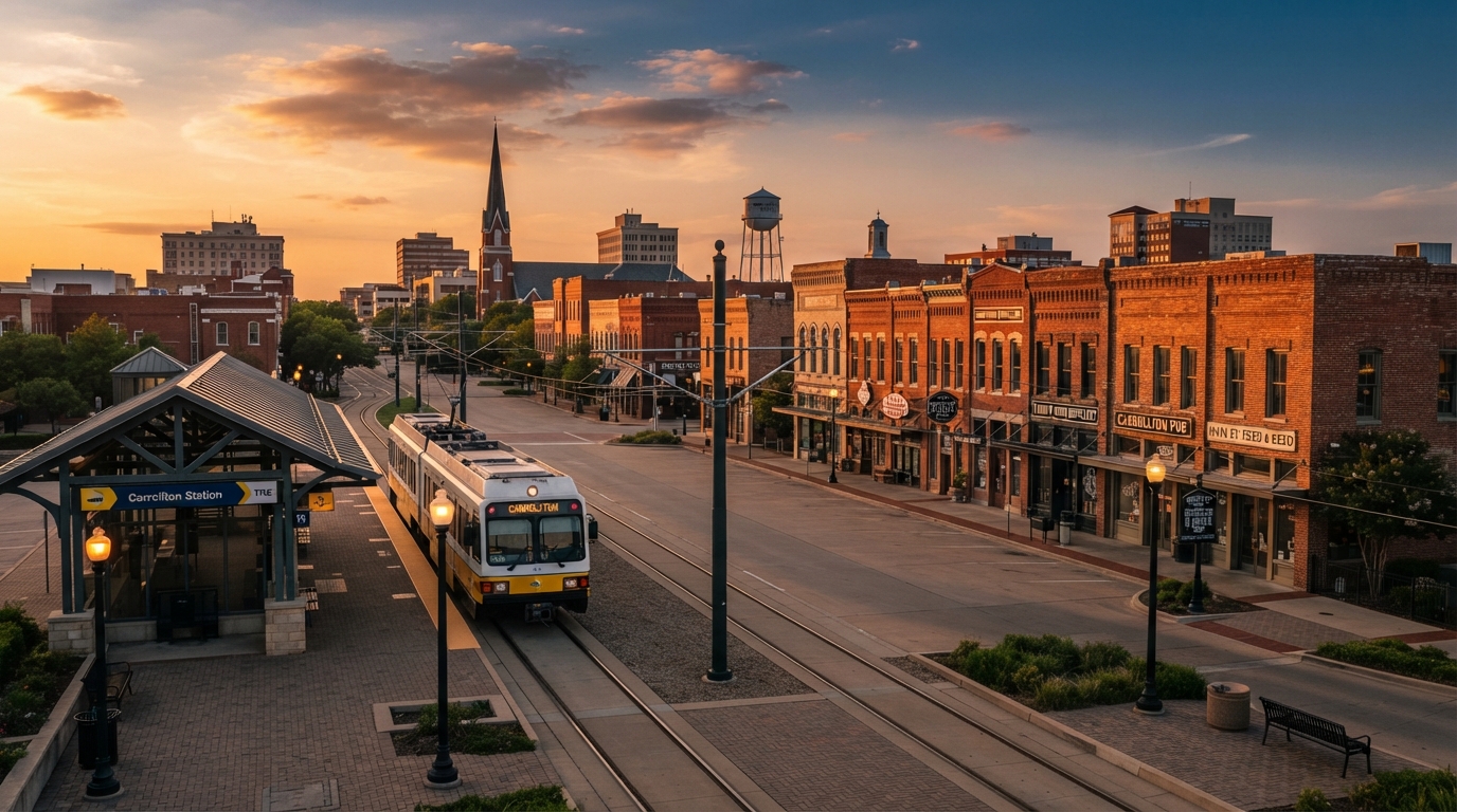 Carrollton, Texas historic downtown with DART station at golden hour