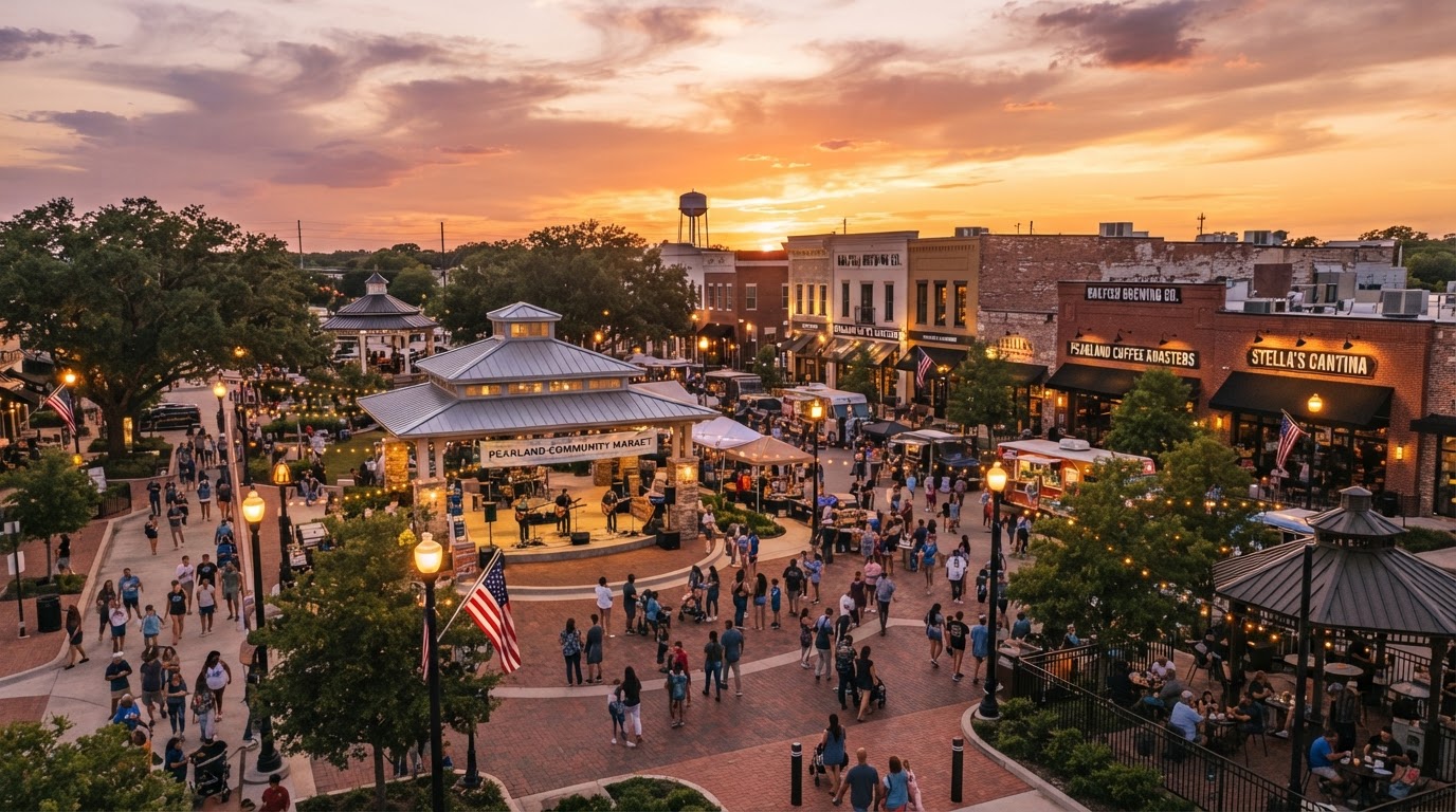 Pearland suburban downtown district with community event spaces at golden hour