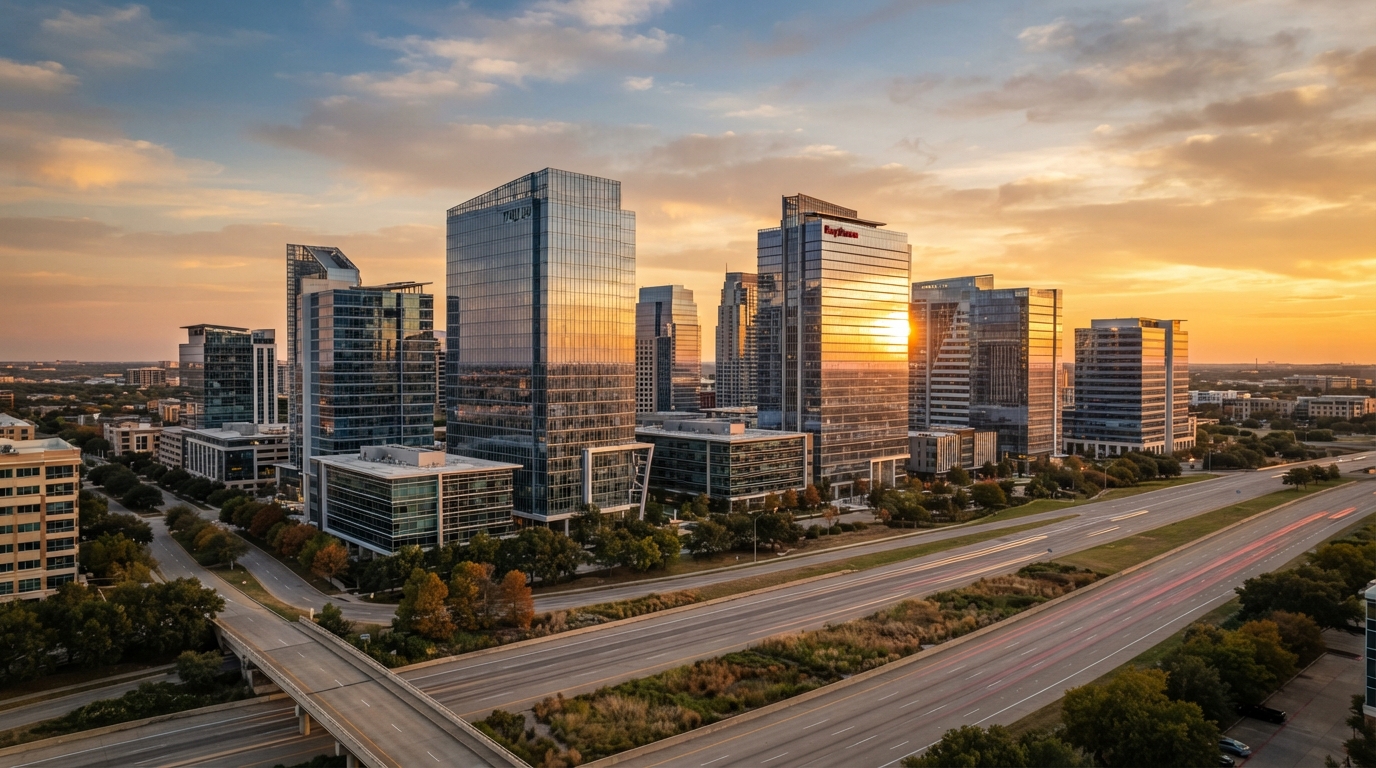 Richardson, Texas Telecom Corridor with modern office towers at golden hour