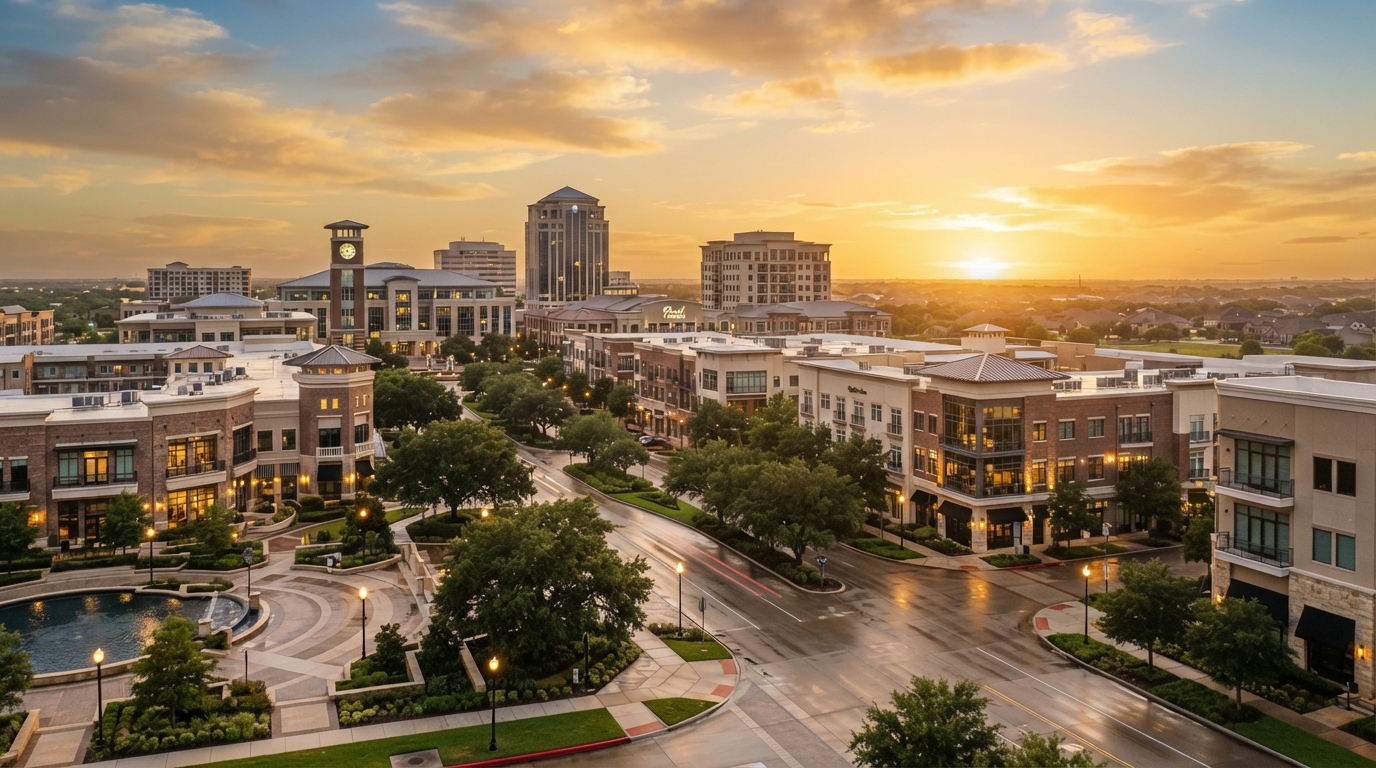 Pearland, Texas suburban downtown district at golden hour