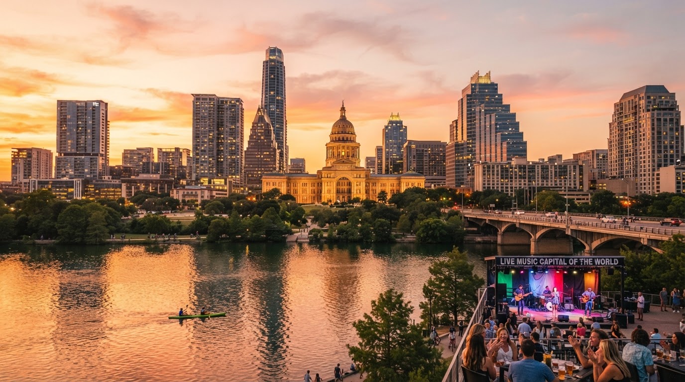 Austin downtown skyline with State Capitol and Lady Bird Lake at golden hour