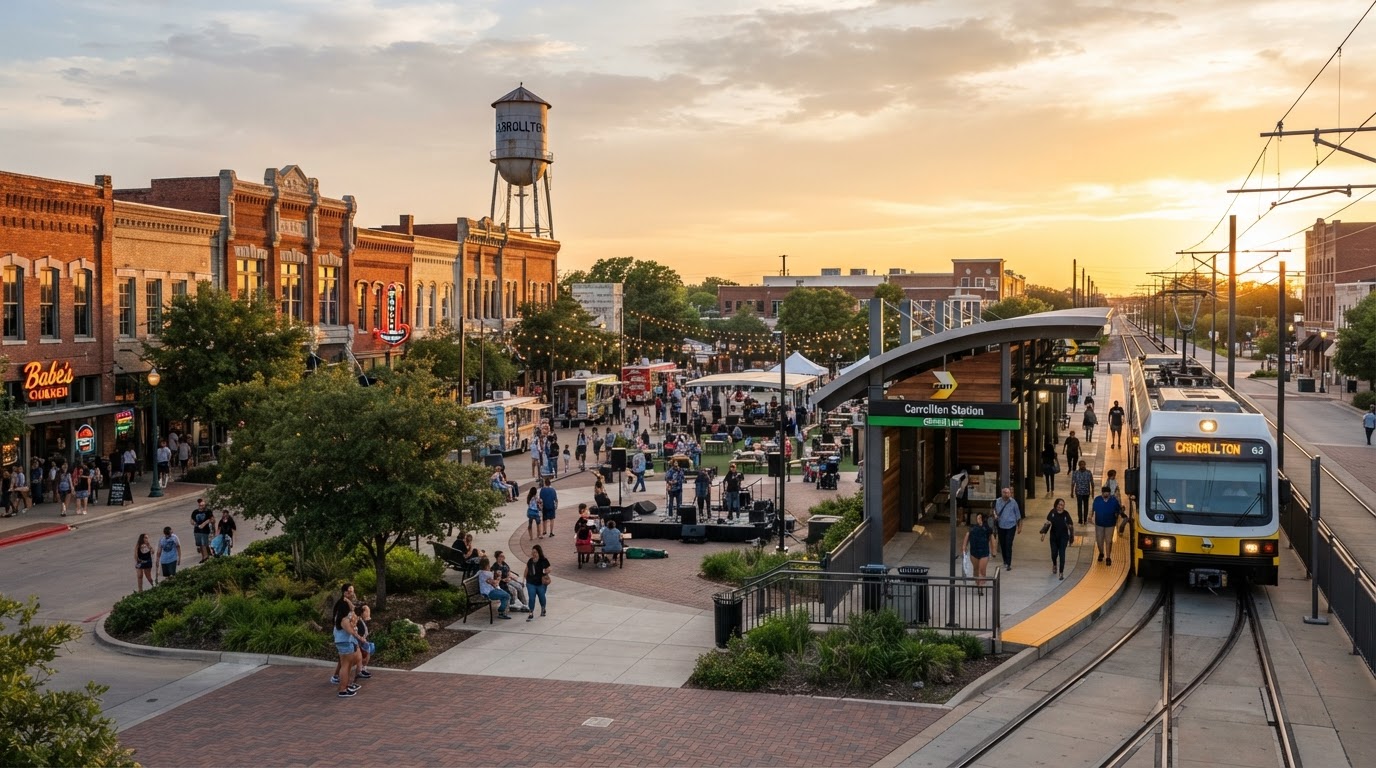 Carrollton historic downtown with DART station at golden hour