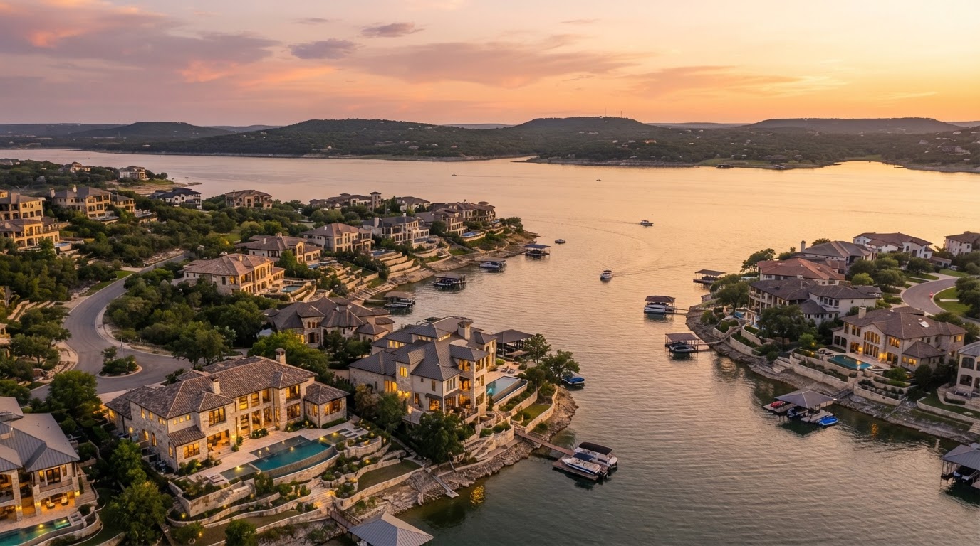 Lakeway lakeside community on Lake Travis with upscale waterfront homes at golden hour