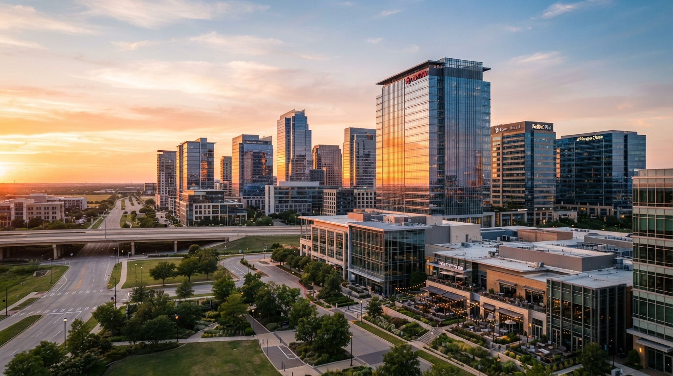 Plano, Texas Legacy West downtown district at golden hour
