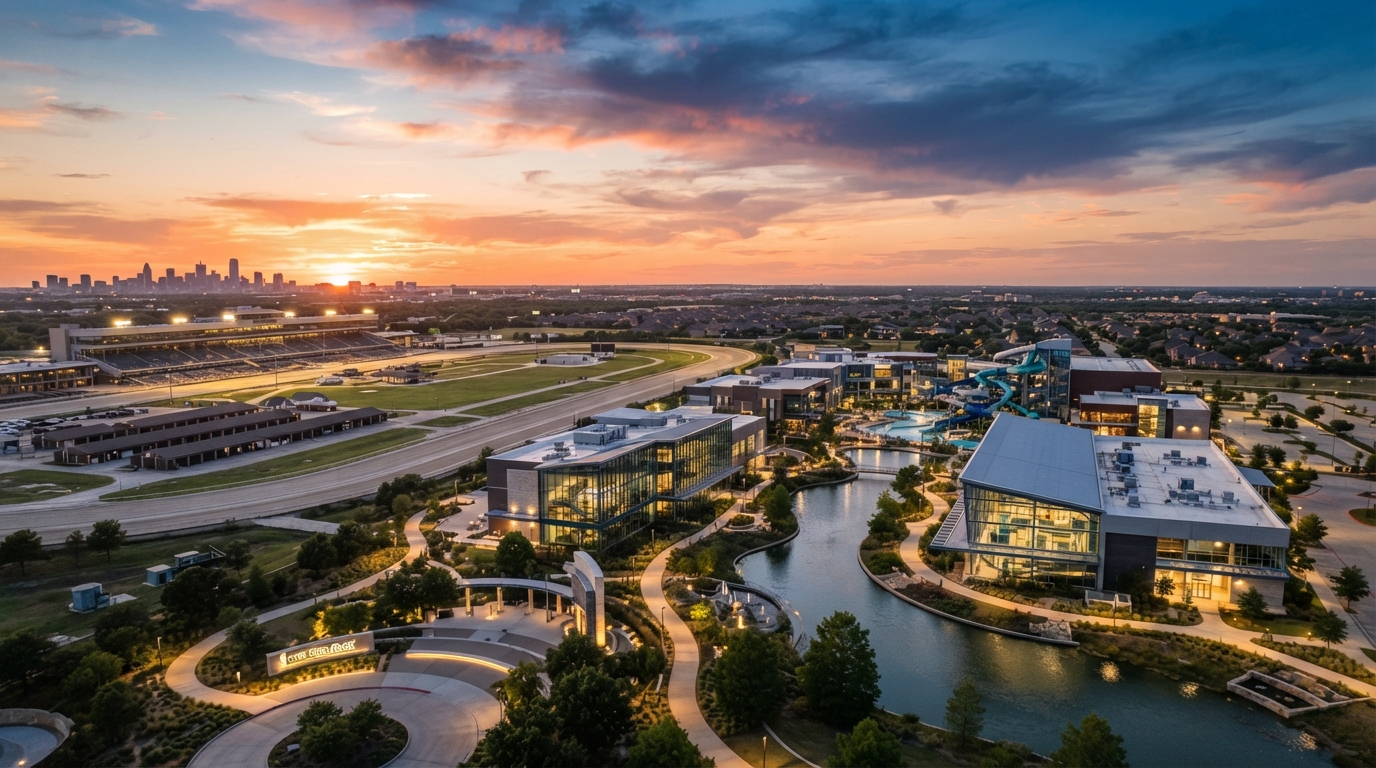 Grand Prairie, Texas entertainment district at golden hour