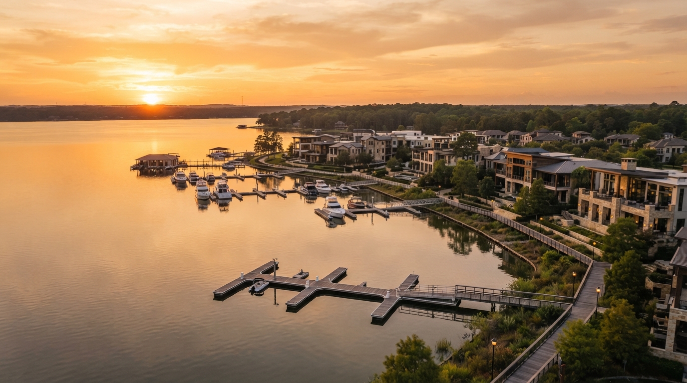 Conroe, Texas Lake Conroe waterfront at golden hour