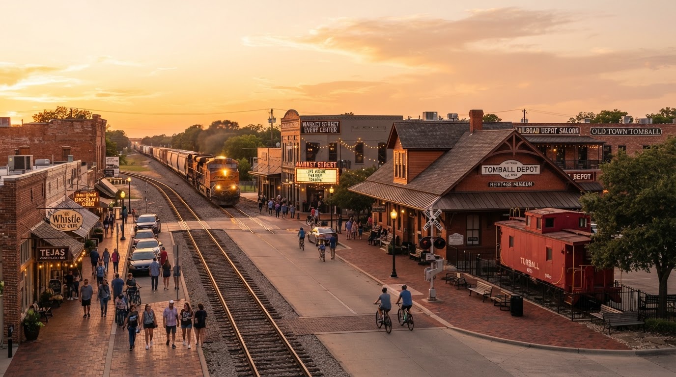 Tomball historic downtown with railroad heritage buildings at golden hour