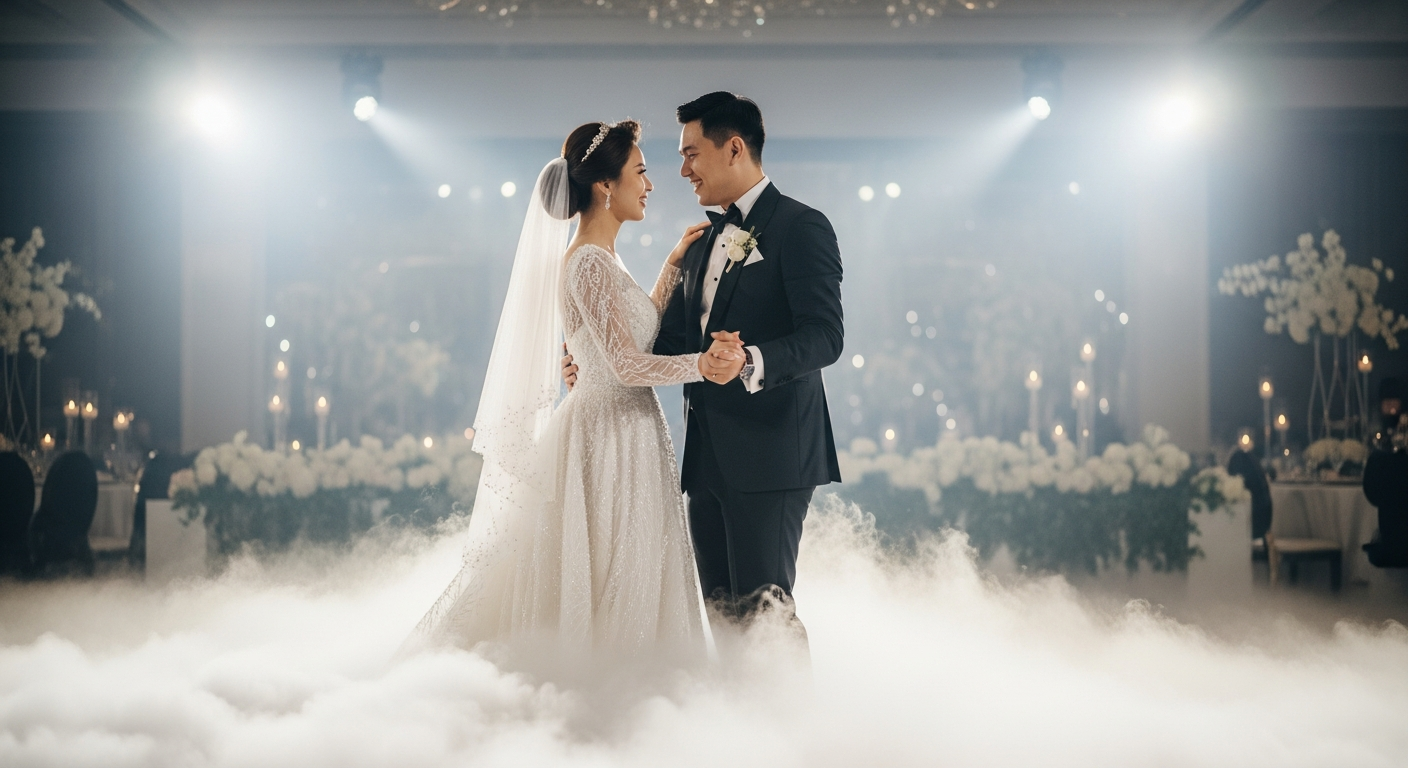 Bride and groom dancing on clouds