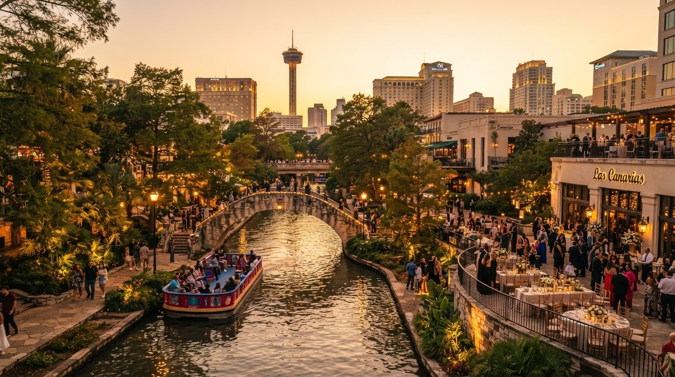 San Antonio River Walk with stone bridges and downtown skyline at golden hour