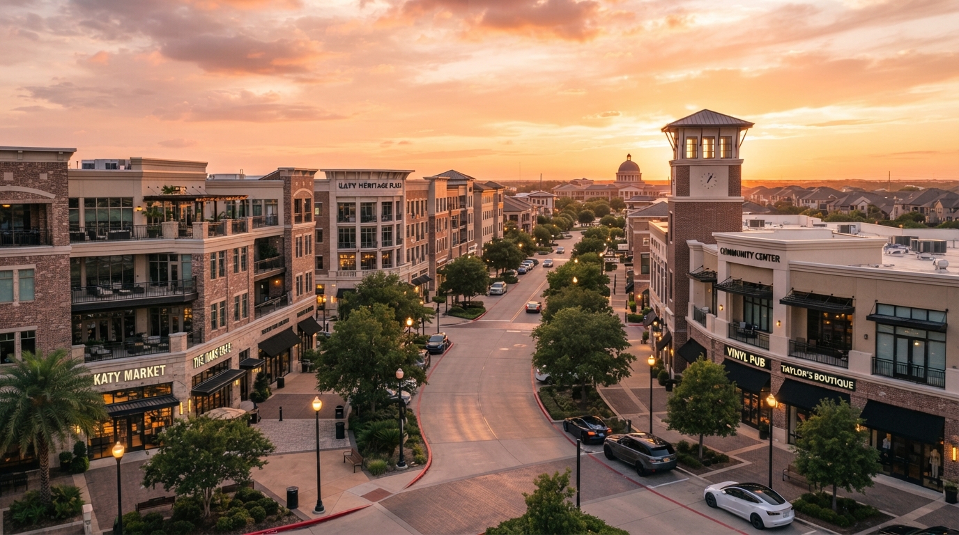 Katy, Texas suburban downtown district at golden hour