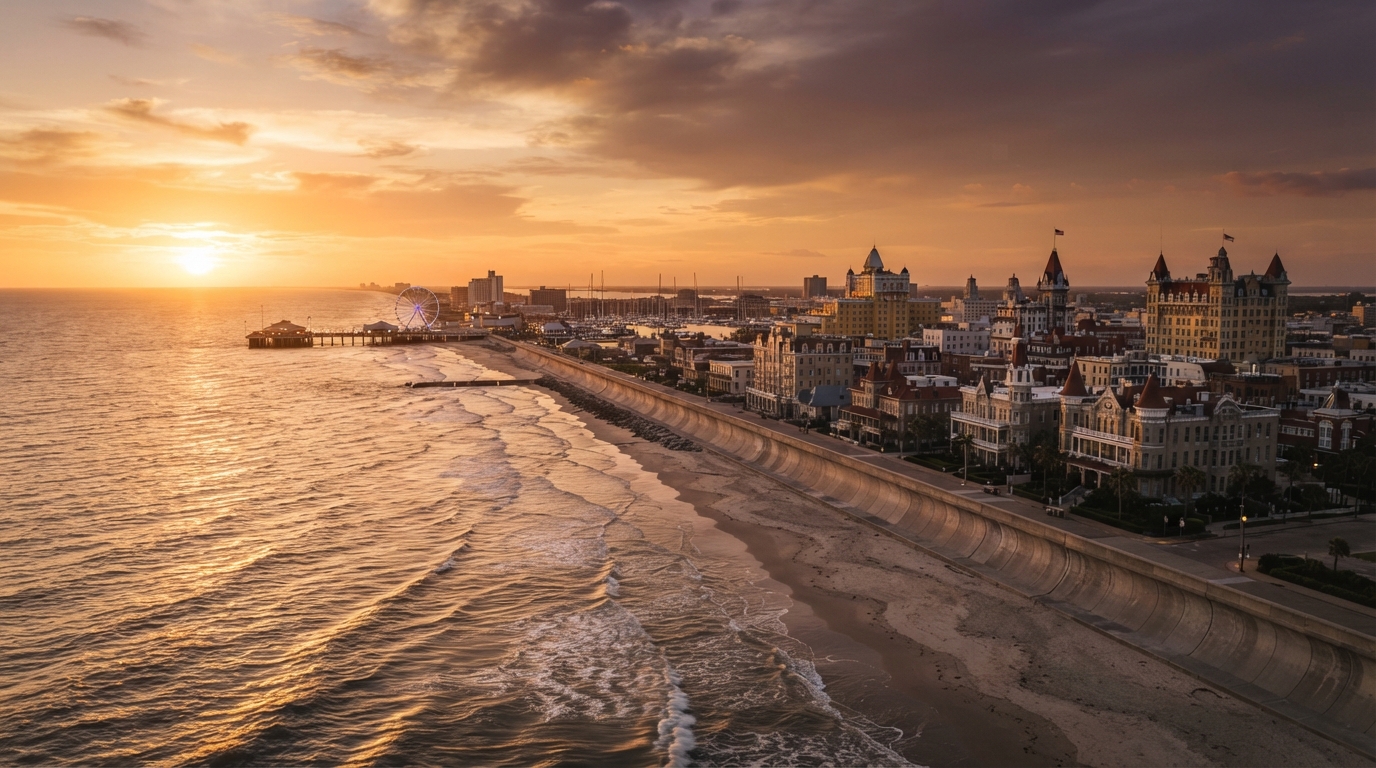Galveston, Texas historic beachfront seawall and Victorian architecture at golden hour