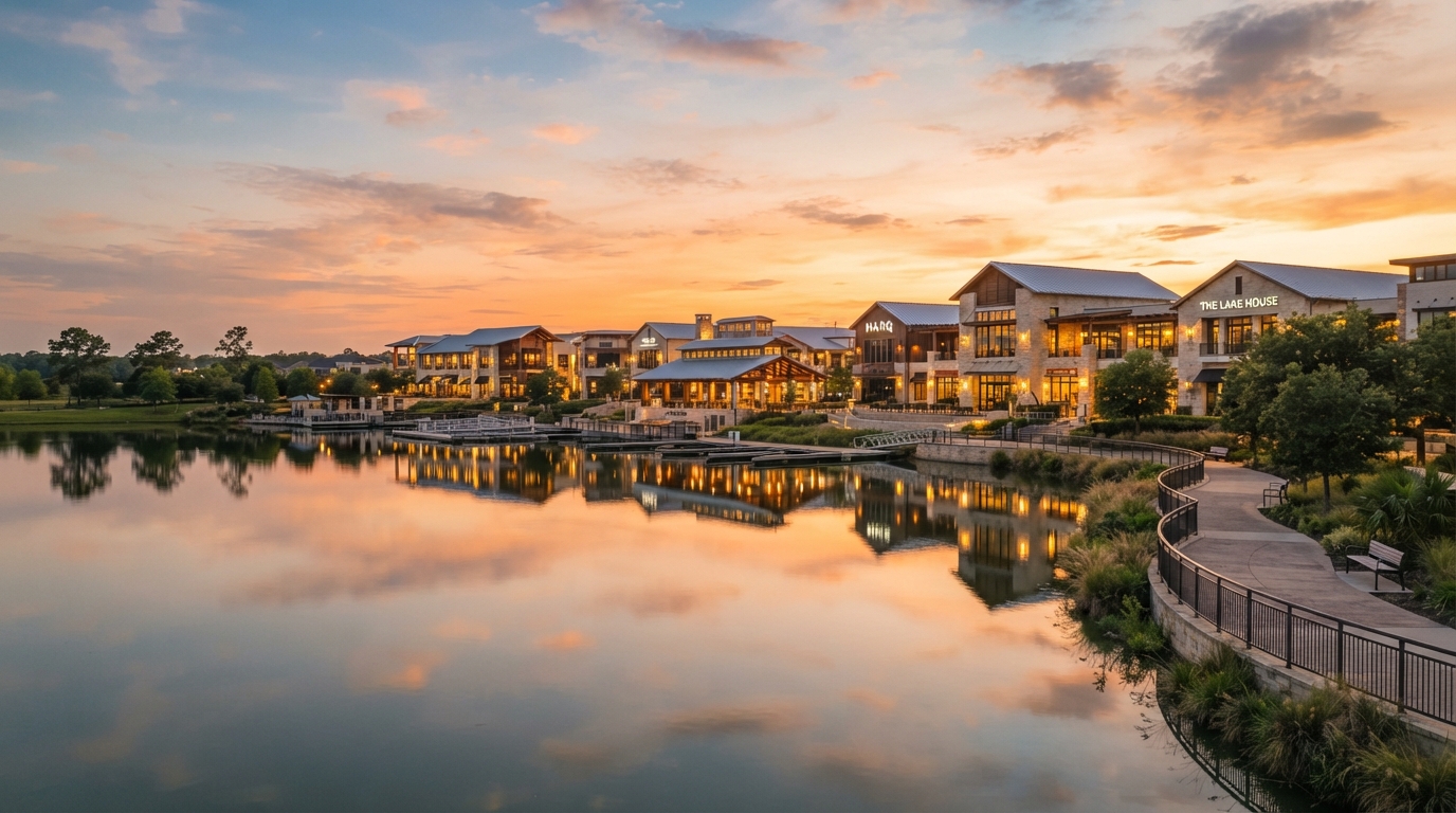 Cypress, Texas Towne Lake district with lakeside buildings at golden hour