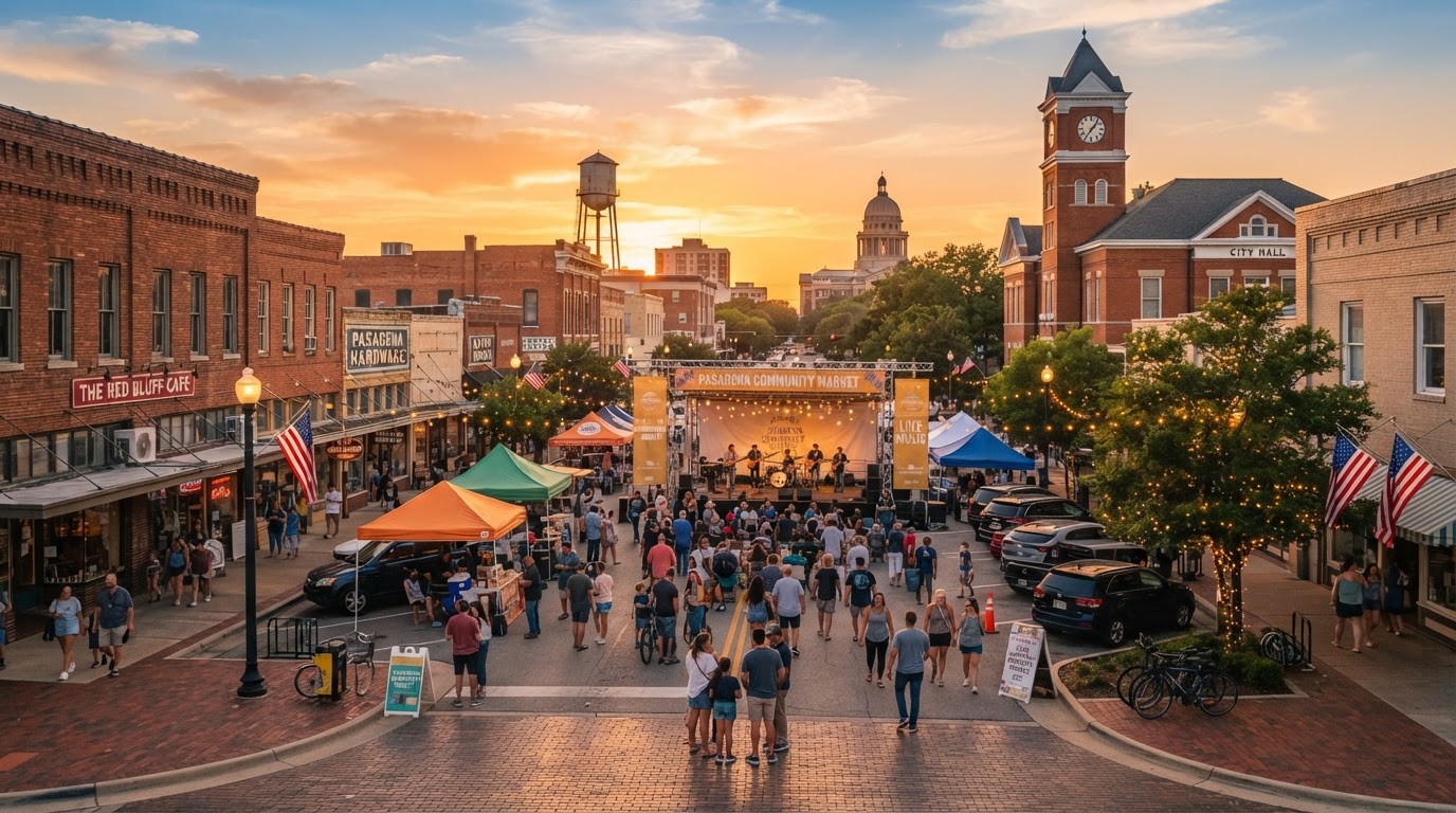 Pasadena suburban downtown district with community event spaces at golden hour