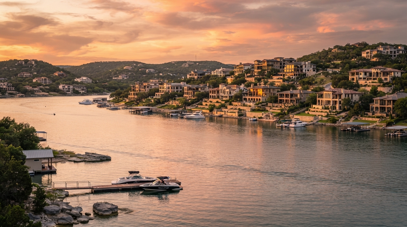 Lakeway, Texas lakeside community on Lake Travis at golden hour