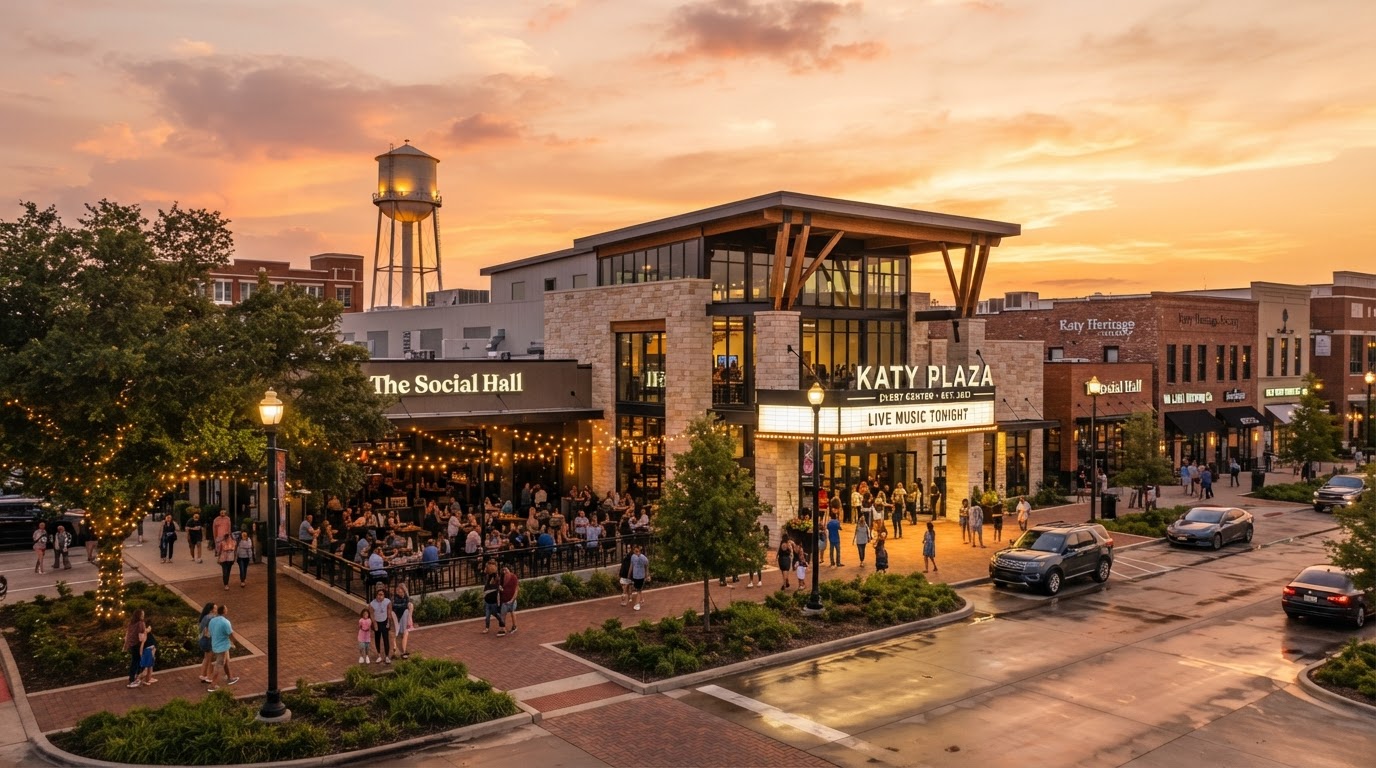 Katy suburban downtown district with modern event venues at golden hour