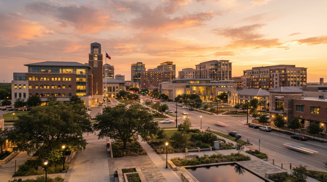 Pasadena, Texas suburban downtown district at golden hour