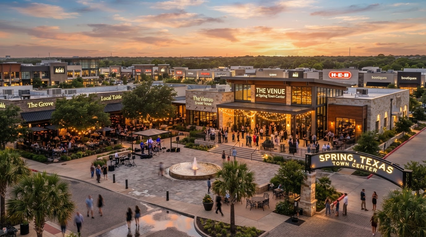 Spring Town Center district with modern suburban event venues at golden hour