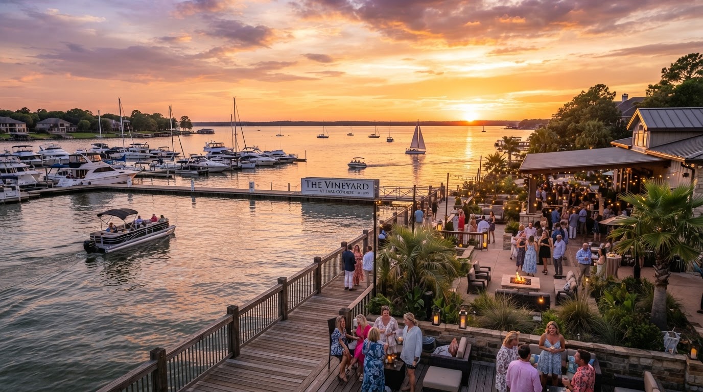 Conroe Lake Conroe waterfront venue at golden hour