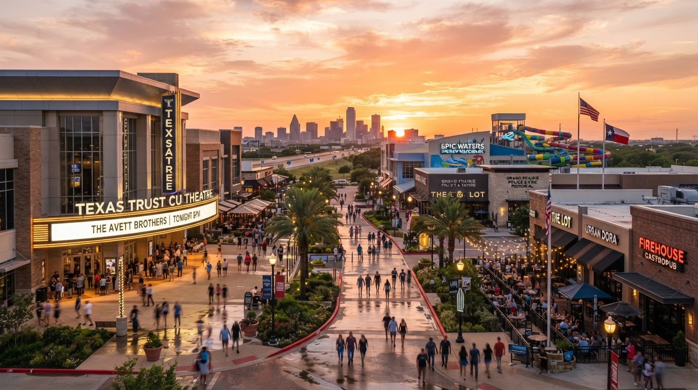 Grand Prairie entertainment district with venues and modern development at golden hour