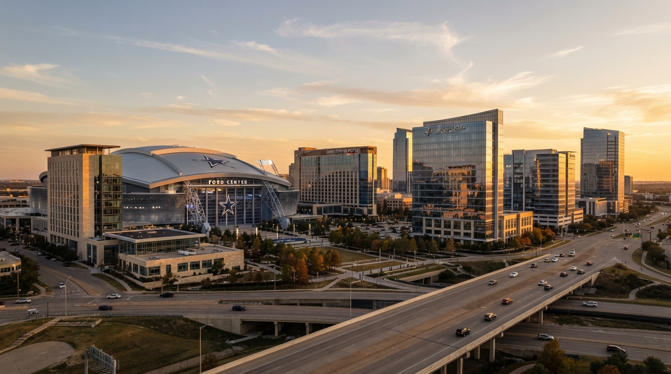 Frisco, Texas sports and corporate district at golden hour
