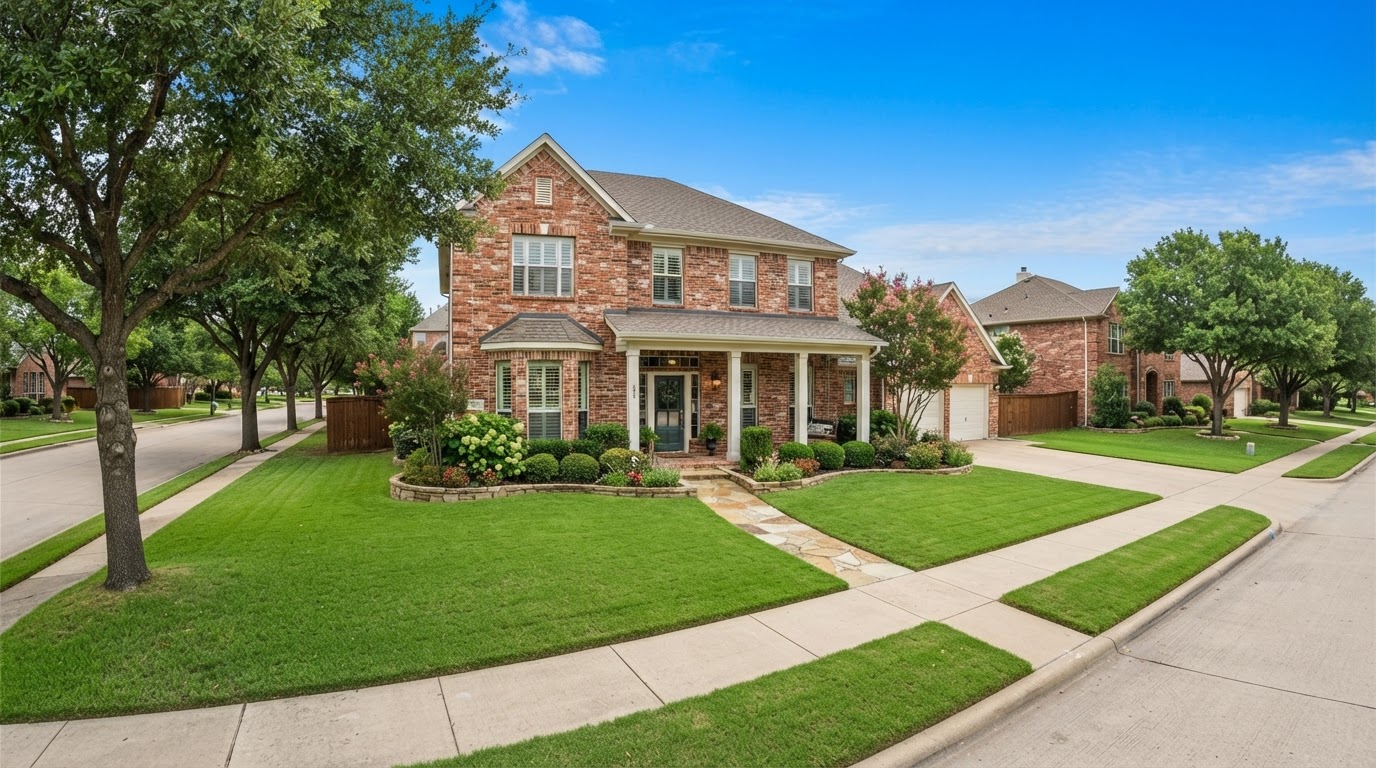 Brick single-family home with a front porch and green lawn on a tree-lined North Texas street