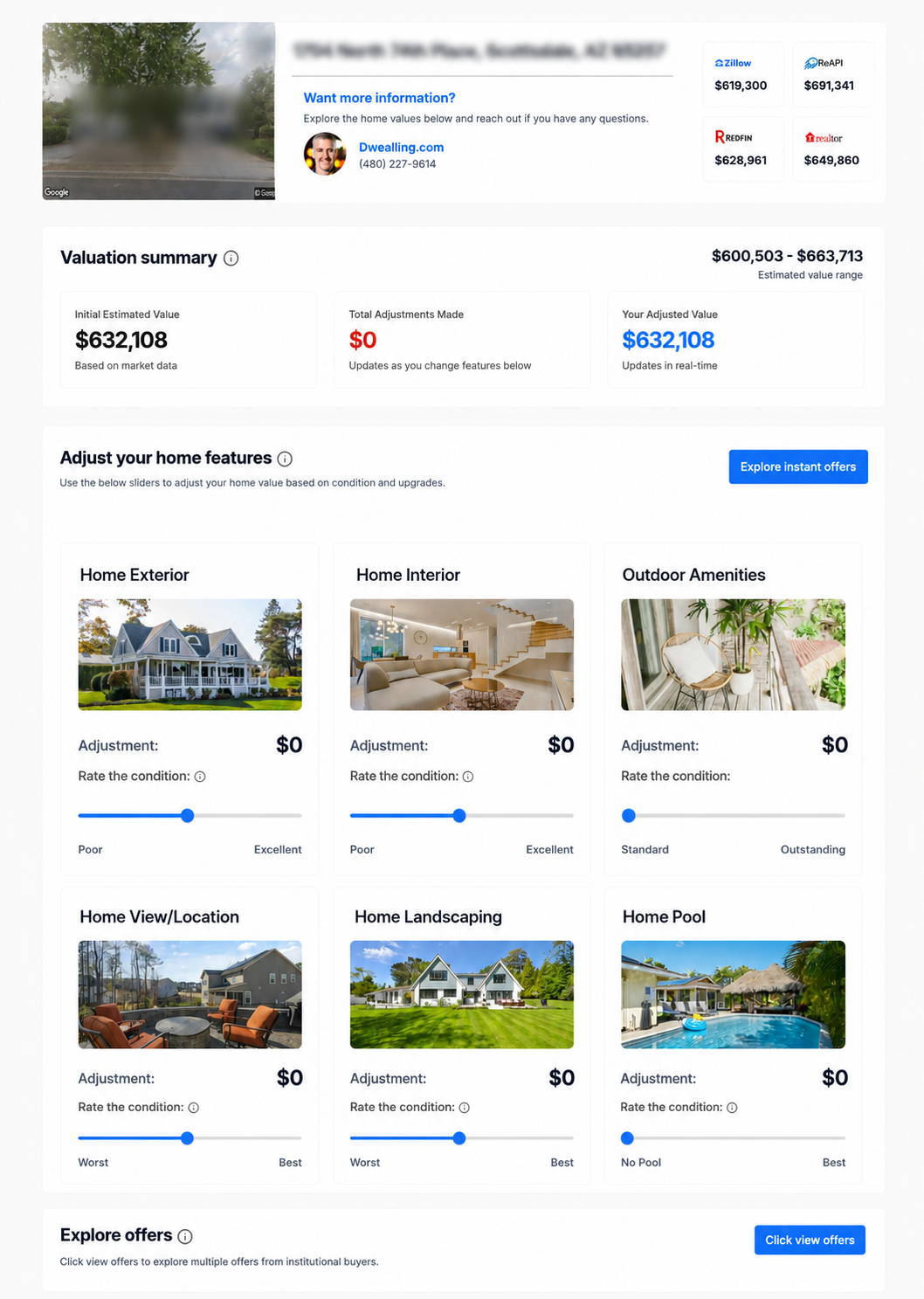 Dwealling valuation dashboard showing estimated value range, adjustment sliders, and explore instant offers
