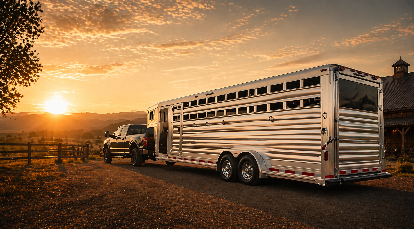 Premium unbranded aluminum livestock trailer at sunset