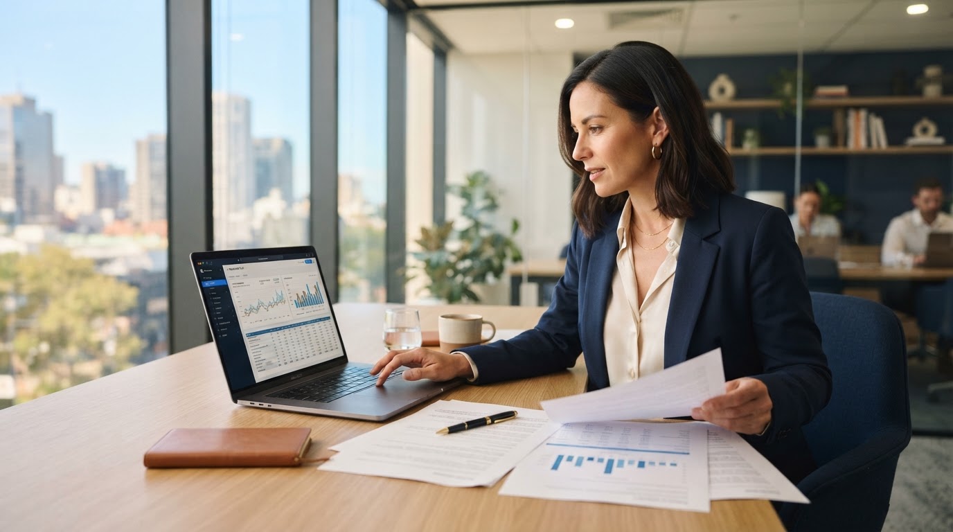 A business owner reviews asset finance documents and finance charts on a laptop at a modern Australian office desk