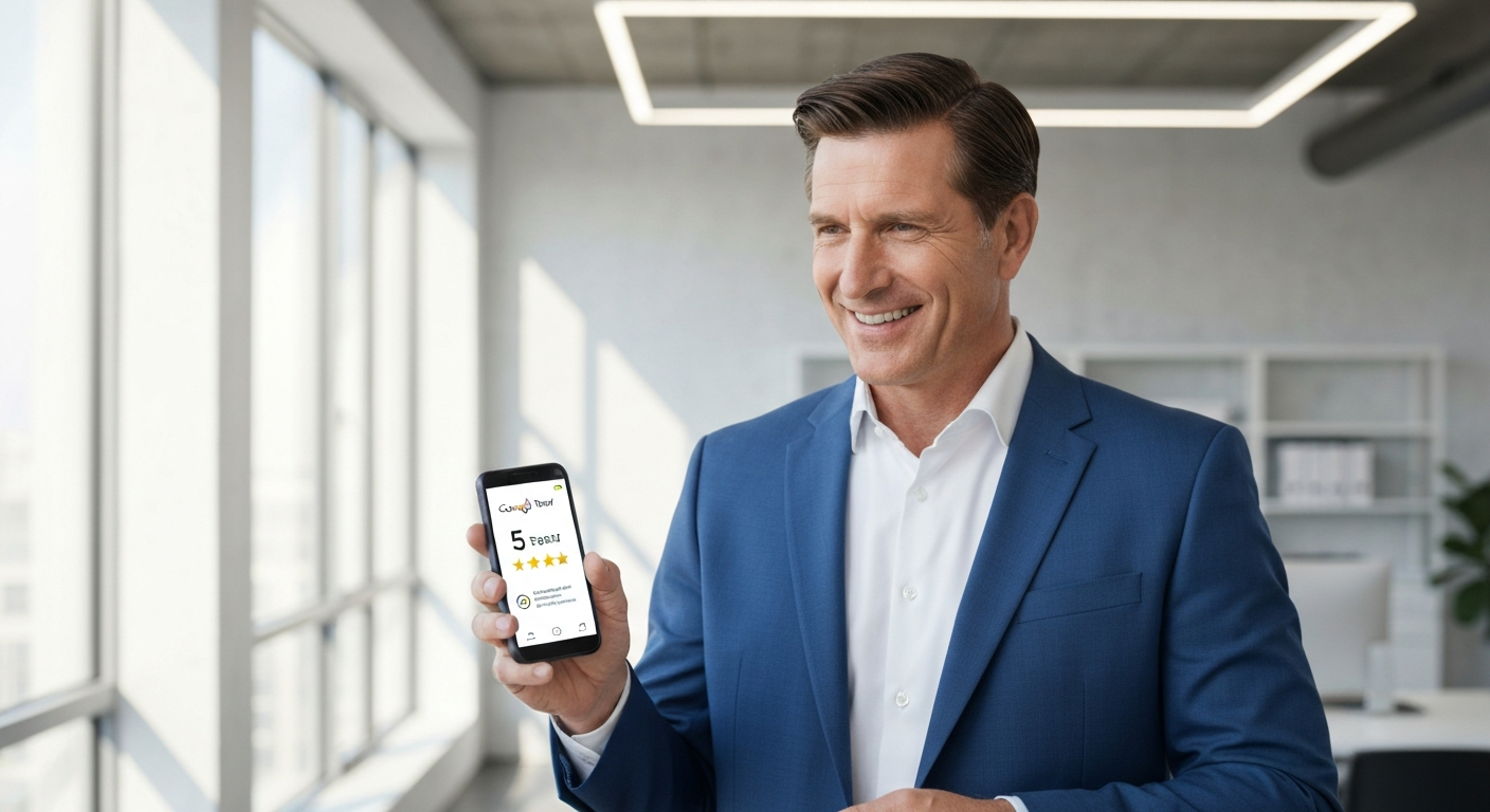 Professional commercial cleaning business owner receiving a 5-star Google review notification on their smartphone