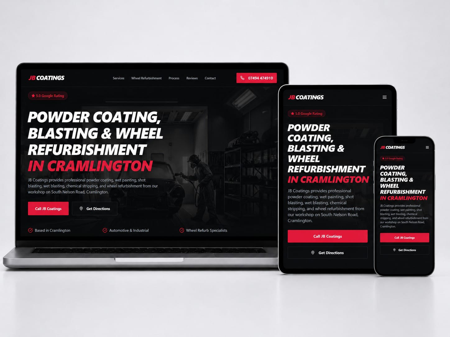 JB Coatings online presence shown on laptop, tablet and phone