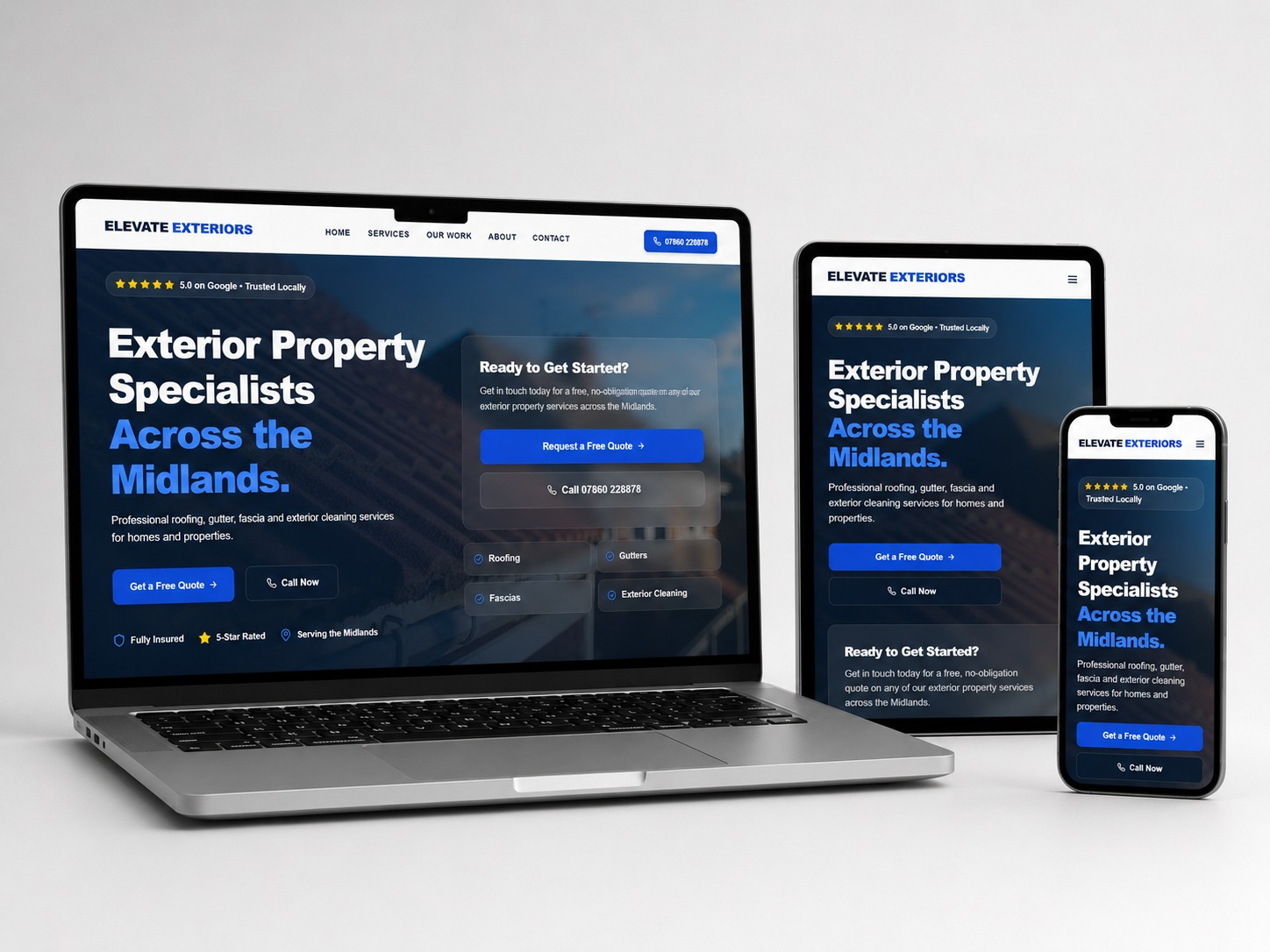 Elevate Exteriors online presence shown on laptop, tablet and phone