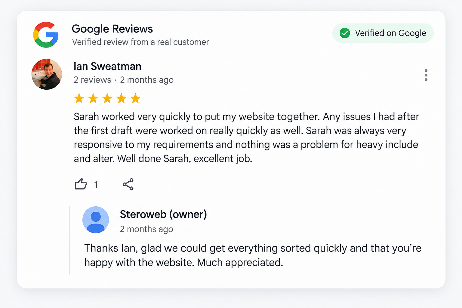 Verified 5-star Google review from Ian Sweatman for Steroweb