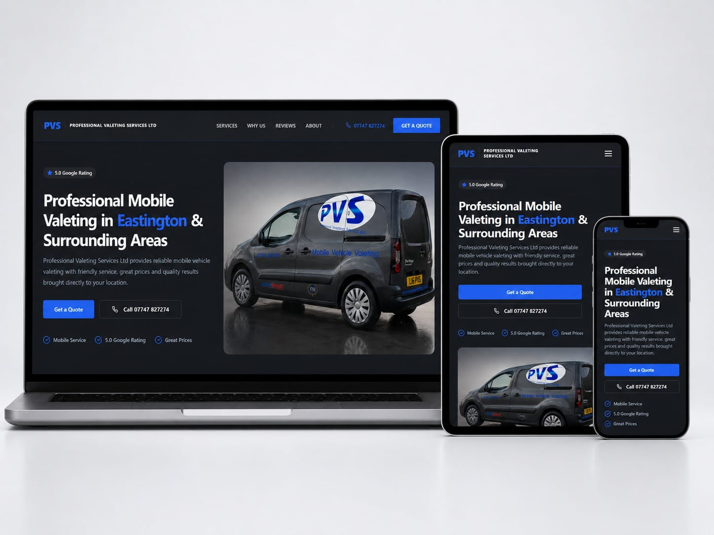 Professional Valeting Services Ltd online presence shown on laptop, tablet and phone
